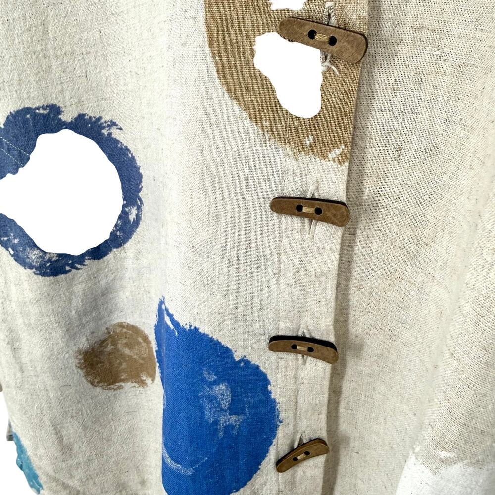Ali Miles Sz Medium LINEN BLEND Blue Beige Wearable Art Beach Blouse Shirt Top - Picture 11 of 13